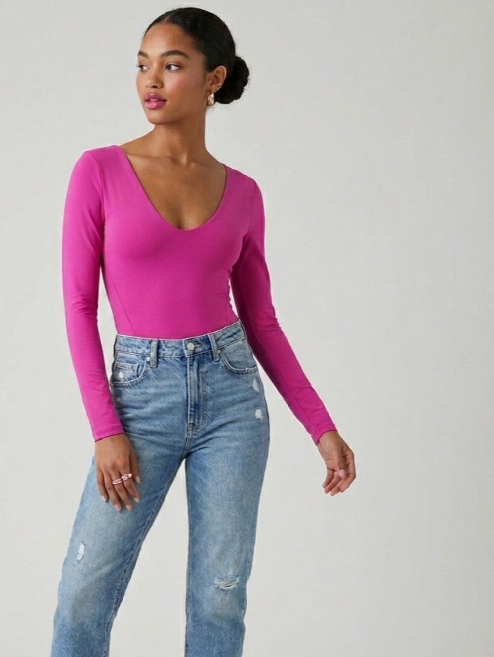 Cotton On Long Sleeve V-Neck Recycled Polyester Bodysuit Magenta Pink XS